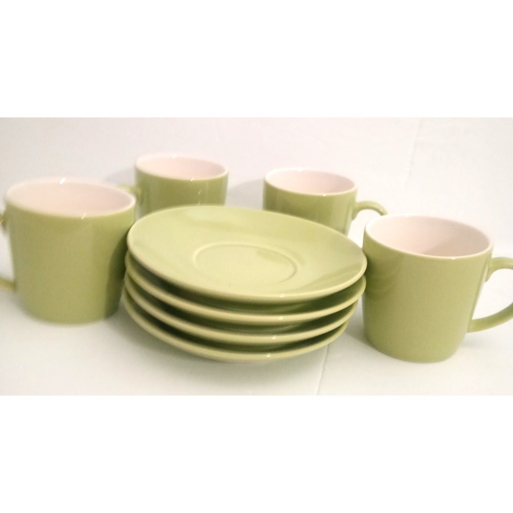 BIA San Francisco  Stoneware Espresso 4 Oz Cups & Saucers Avocado Green Set Of 4